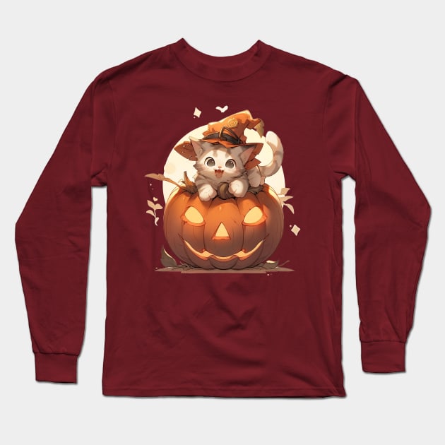 Kawaii cat witch on a halloween pumpkin Long Sleeve T-Shirt by Seraphine